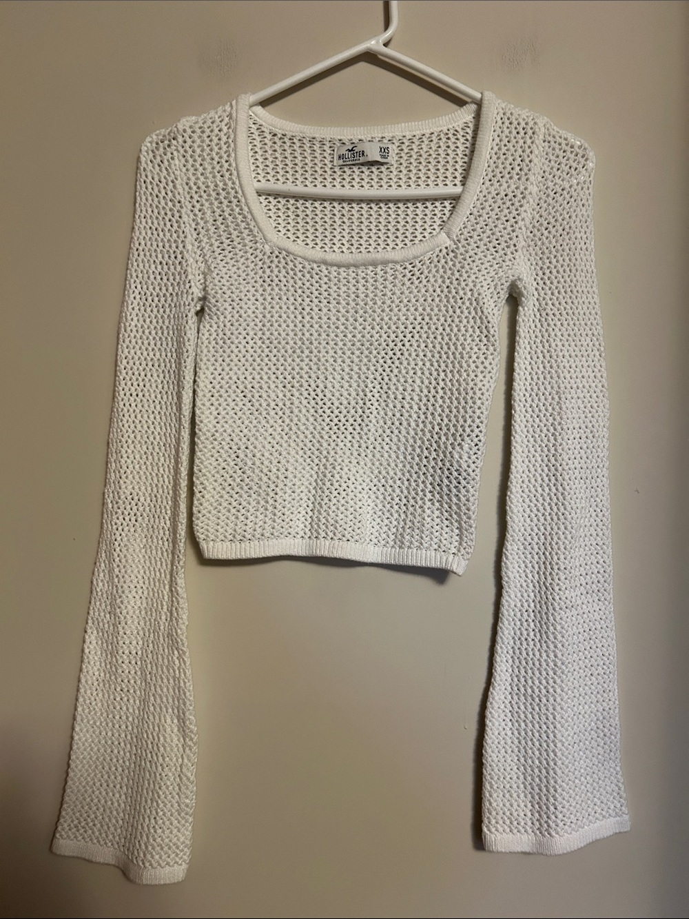 Hollister square neck white crochet flare sleeve cropped top like new size XXS